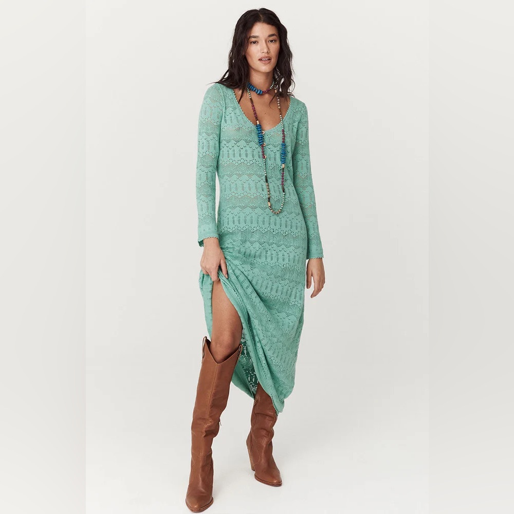 SPELL “Siesta” seafoam green pointelle midi maxi coverup semi sheer dress XS